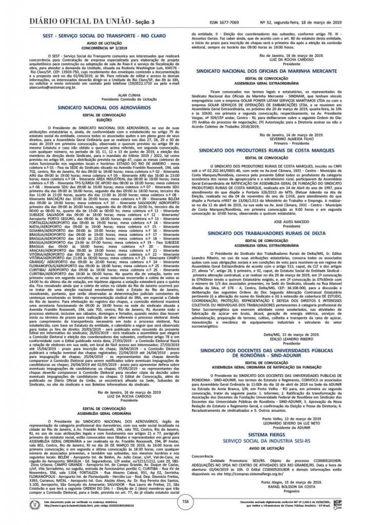 edital de convocação das eleições do SNA (Sindicato Nacional dos Aeroviários), triênio 2019/2022, publicado no diário oficial no dia 18 de março de 2018