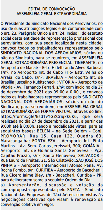 Edital de convocação da Assembleias de Táxi Aéreo do SNA | Campanha Salarial 2021/2022