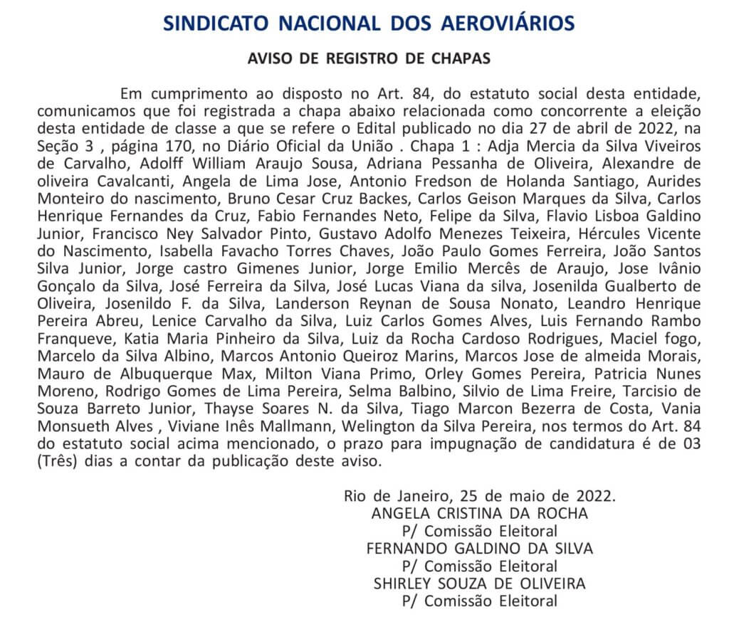 Eleições do SNA: confira edital com integrantes da Chapa 1 | Sindicato Nacional dos Aeroviários | Registro das Chapas