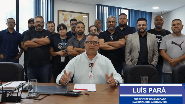 Luís Pará, Presidente do SNA com os companheiros da FENTAC, repudia a ausência da empresa AZUL durante a abertura da mesa de negociação com o SNEA, sindicato patronal para garantir aumento real de salários aos trabalhadores da aviação.